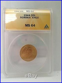 1944 Romania 20L Gold Coin ANACS MS64 20 Lei MS 64 Romanian Kings WWII Only Year