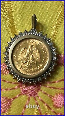 1945 Coin pendant 14K Yellow Gold Diamond Bezel Mexico 2 pesos 22K Solid Gold