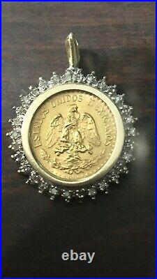 1945 Coin pendant 14K Yellow Gold Diamond Bezel Mexico 2 pesos 22K Solid Gold