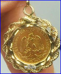 1945 Dos Pesos 22k Gold Coin with 14K plumb Yellow Gold Rope Pendant 3.6gm