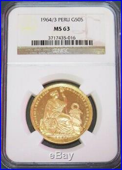 1964/3 Overdate Gold Peru 50 Soles Seated Liberty Coin Ngc Mint State 63