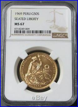 1969 Gold Peru 443 Minted 50 Soles Seated Liberty Coin Ngc Mint State 67