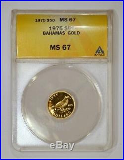 1975 Bahamas $50 gold Tobacco Dove coin graded MS67 by ANACS