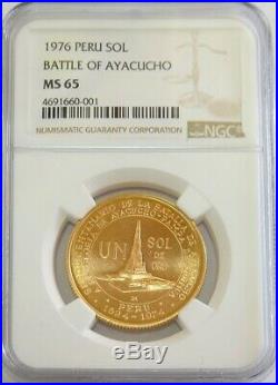 1976 GOLD PERU 1 SOL 150th ANNIVERSARY BATTLE OF AYACUCHO COIN NGC MINT STATE 65