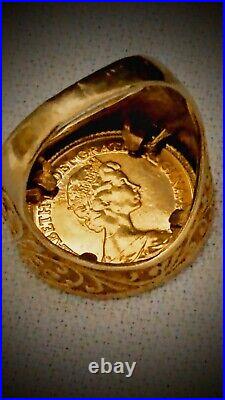 1982 Half Sovereign 22K Elizabeth Il Gold Ring 9k Filigree Housing. US Sz 8