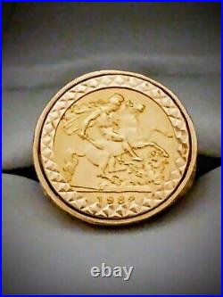 1982 Half Sovereign 22K Elizabeth Il Gold Ring 9k Filigree Housing. US Sz 8