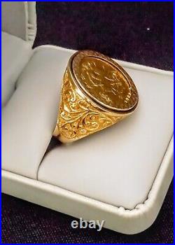 1982 Half Sovereign 22K Elizabeth Il Gold Ring 9k Filigree Housing. US Sz 8