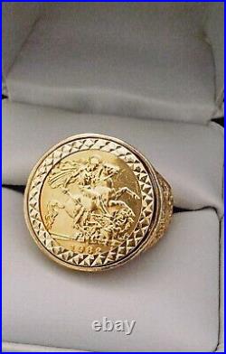 1982 Half Sovereign 22K Elizabeth Il Gold Ring 9k Filigree Housing. US Sz 8