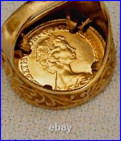 1982 Half Sovereign 22K Elizabeth Il Gold Ring 9k Filigree Housing. US Sz 8