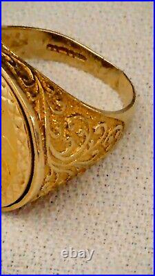 1982 Half Sovereign 22K Elizabeth Il Gold Ring 9k Filigree Housing. US Sz 8