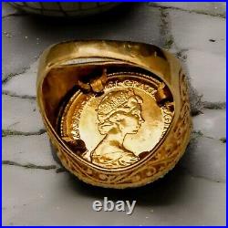 1982 Half Sovereign 22K Elizabeth Il Gold Ring 9k Filigree Housing. US Sz 8