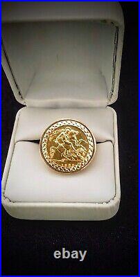 1982 Half Sovereign 22K Elizabeth Il Gold Ring 9k Filigree Housing. US Sz 8