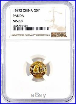 1987S China 1/20 oz. 999 Fine Gold 5 Yuan Panda Coin NGC Graded MS68 5Y 1987-S