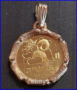 1989 China Panda 1/20 OZ Coin with14K Solid Yellow Gold Bamboo Pendant Set Bezel