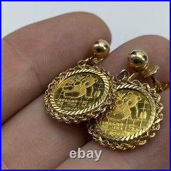 1989 Chinese Gold Panda 1/20 Oz. 999 Solid Gold Coin 5 Yuan Screw Back Earrings