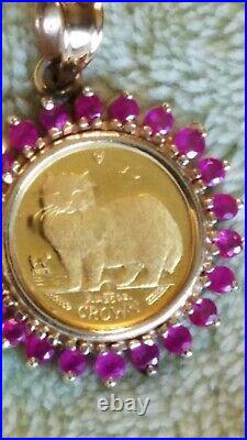 1989 Isle of Man crown 1/25 oz 999 gold coin with 14K Ruby Bezel