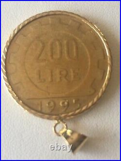 1995 ITALIAN 200 LIRE COIN14k SOLID YELLOW GOLD BEZEL HOLDERPENDANT6 GRAMS