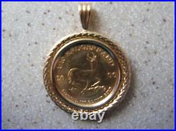 1/10 OZ. KRUGERRAND 2000 GOLD COIN In Rich 14K gold Bezel Pendant COA 4.9grams