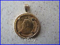 1/10 OZ. KRUGERRAND 2000 GOLD COIN In Rich 14K gold Bezel Pendant COA 4.9grams