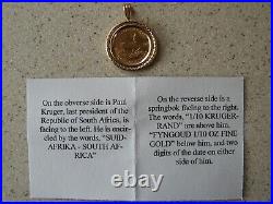 1/10 OZ. KRUGERRAND 2000 GOLD COIN In Rich 14K gold Bezel Pendant COA 4.9grams