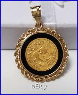 1/10 oz AU. 999 Gold Panda Coin Charm Pendant 14k Gold Rope Trim Black Onyx NEW