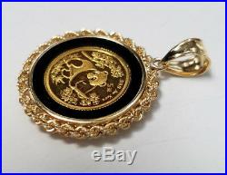 1/10 oz AU. 999 Gold Panda Coin Charm Pendant 14k Gold Rope Trim Black Onyx NEW