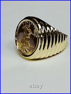 1/4 OZ American Liberty 20 mm Coin in Mens Ring 14k Solid Yellow Gold Finish