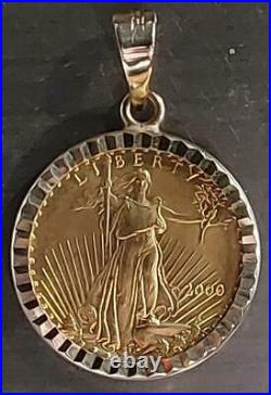 2000 American Gold Eagle 1/10 OZ Coin with14K Solid Yellow Gold Rope Pendant Bezel
