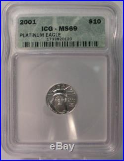 2001 $10 Platinum 1/10 Oz. 9995 Fine American Eagle Icg Ms69 Dollar Coin Liberty