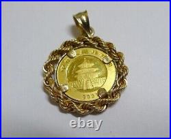 2001 Solid. 999 Panda 20 Yuan 1/20 Coin In 14k Rope Bezel Pendant Chain Necklace
