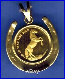 2014 1/20 Oz. SINGAPORE Gold HORSE Coin WITH 14 K BEZEL PENDANT 2.5 GRAMS. 3006