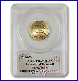 2014-W $5 Gold Baseball Coin PCGS PR69 Hand-Signed By Johnny Bench