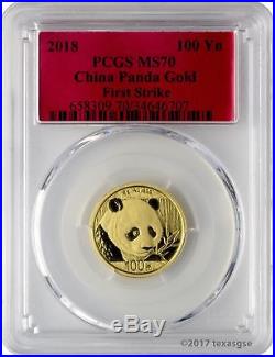 2018 100 Yuan China Gold Panda Coin 8 Gram. 999 Gold PCGS MS70 First Strike