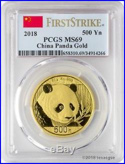 2018 500 Yuan China Gold Panda Coin 30 Gram. 999 Gold PCGS MS69 FS Flag Label