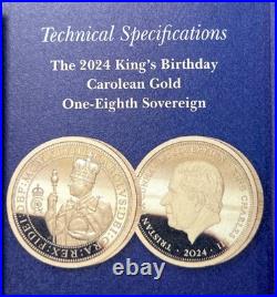 2024? Solid 22ct One Eighth Gold Sovereign Charles III? 1/8 Proof Coin 1-g CoA 2024? Solid 22ct One Eighth Gold Sovereign Charles III? 1/8 Proof Coin 1-g CoA