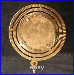 20 Francs Rooster Type 22K Gold Coin Set Within 18k Solid Gold Fancy Pendant