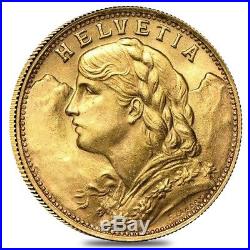 20 Francs Swiss Helvetia Vreneli Gold Coin AGW. 1867 AU/BU 1897-1949, Random