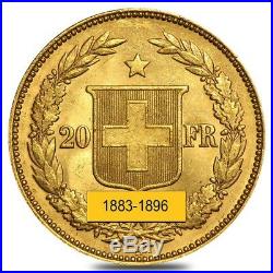 20 Francs Swiss Helvetica Gold Coin Avg Circ AGW. 1867 oz 1883-1896, Random