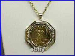 20mm Coin 2Ct Round Moissanite Lady Liberty Pendant Solid 14k Yellow Gold FN