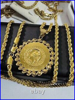 21Carat 21K 875 Gold Dubai Chain Coin Set Necklace 24 Long 17.05g 3.8mm Unisex