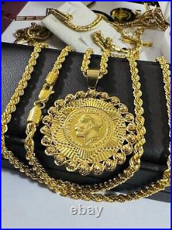 21Carat 21K 875 Gold Dubai Chain Coin Set Necklace 24 Long 17.05g 3.8mm Unisex