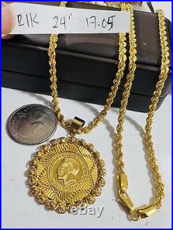 21Carat 21K 875 Gold Dubai Chain Coin Set Necklace 24 Long 17.05g 3.8mm Unisex