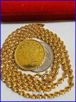 21K 875 Solid Real Gold Twist Chain Coin Necklace 25/25.5 Long 19.1g 3.2mm