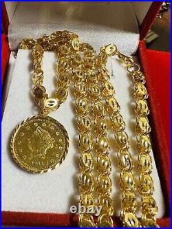 21K Solid 875 Real Gold Ladies Women's Dubai Coin Necklace 20 Long 14.7g 5mm