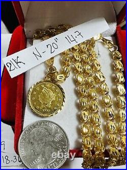 21K Solid 875 Real Gold Ladies Women's Dubai Coin Necklace 20 Long 14.7g 5mm