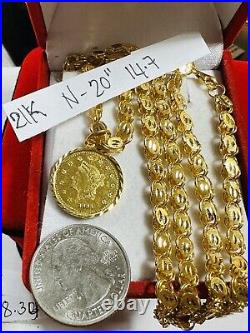 21K Solid 875 Real Gold Ladies Women's Dubai Coin Necklace 20 Long 14.7g 5mm