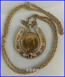 22CT gold 2001 full Sovereign Coin & Garnet Pendant ON 9ct Solid Gold Chain