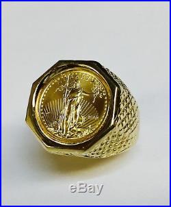 22K FINE GOLD 1/10 OZ AMERICAN EAGLE COIN in14k Solid Yellow gold 24MM Mens Ring