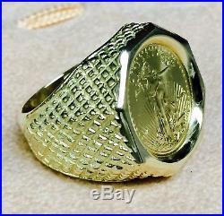 22K FINE GOLD 1/10 OZ AMERICAN EAGLE COIN in14k Solid Yellow gold 24MM Mens Ring