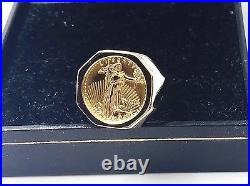 22K FINE GOLD 1/10 OZ US LIBERTY COIN in 14k Solid Yellow Gold Ring 20 MM